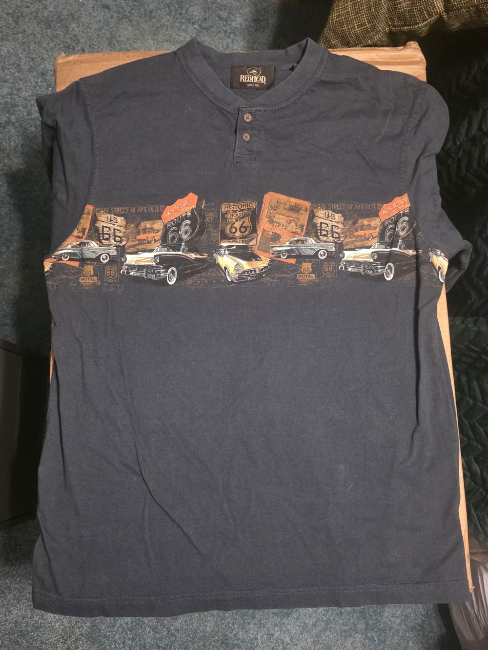 RedHead Navy Long-Sleeve Henley with Retro Route 66 Car Graphic